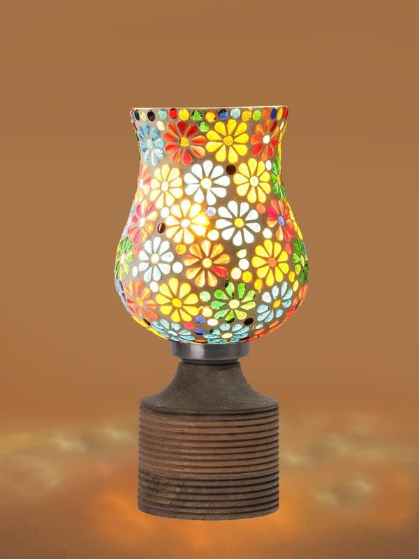 Multicolor Table Lamp | Artistic Mosaic Glass with Sturdy Wood Base | Decorative Ambient Light for Home D�cor | Perfect Blend of Modern & Traditional Style - Model DJE04
