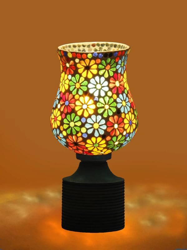 Multicolor Table Lamp | Artistic Mosaic Glass with Sturdy Wood Base | Decorative Ambient Light for Home D�cor | Perfect Blend of Modern & Traditional Style - Model DJE04