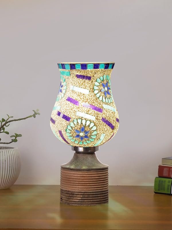 Multicolor Table Lamp | Artistic Mosaic Glass with Sturdy Wood Base | Decorative Ambient Light for Home D�cor | Perfect Blend of Modern & Traditional Style - Model DJE