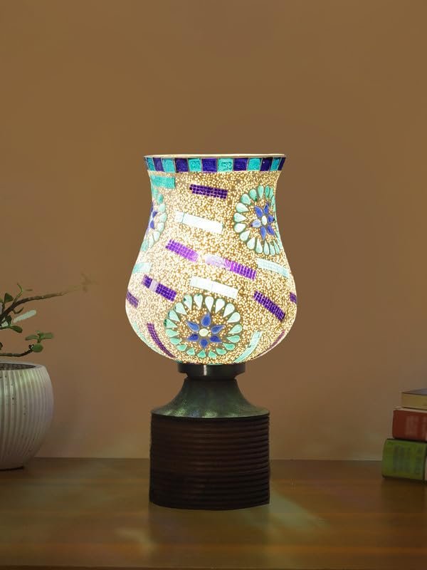Multicolor Table Lamp | Artistic Mosaic Glass with Sturdy Wood Base | Decorative Ambient Light for Home D�cor | Perfect Blend of Modern & Traditional Style - Model DJE
