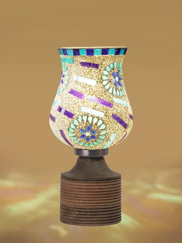 Multicolor Table Lamp | Artistic Mosaic Glass with Sturdy Wood Base | Decorative Ambient Light for Home D�cor | Perfect Blend of Modern & Traditional Style - Model DJE
