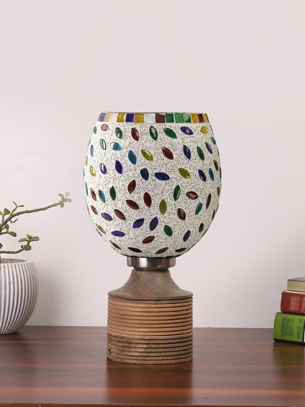 Multicolor Table Lamp | Artistic Mosaic Glass with Sturdy Wood Base | Decorative Ambient Light for Home D�cor | Perfect Blend of Modern & Traditional Style - Model DJE06