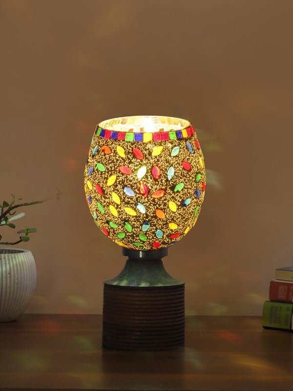 Multicolor Table Lamp | Artistic Mosaic Glass with Sturdy Wood Base | Decorative Ambient Light for Home D�cor | Perfect Blend of Modern & Traditional Style - Model DJE06