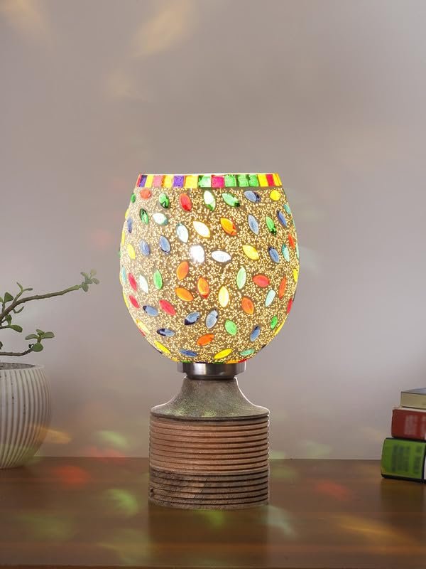 Multicolor Table Lamp | Artistic Mosaic Glass with Sturdy Wood Base | Decorative Ambient Light for Home D�cor | Perfect Blend of Modern & Traditional Style - Model DJE06