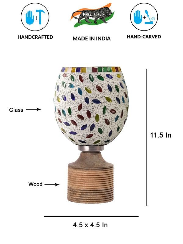 Multicolor Table Lamp | Artistic Mosaic Glass with Sturdy Wood Base | Decorative Ambient Light for Home D�cor | Perfect Blend of Modern & Traditional Style - Model DJE06