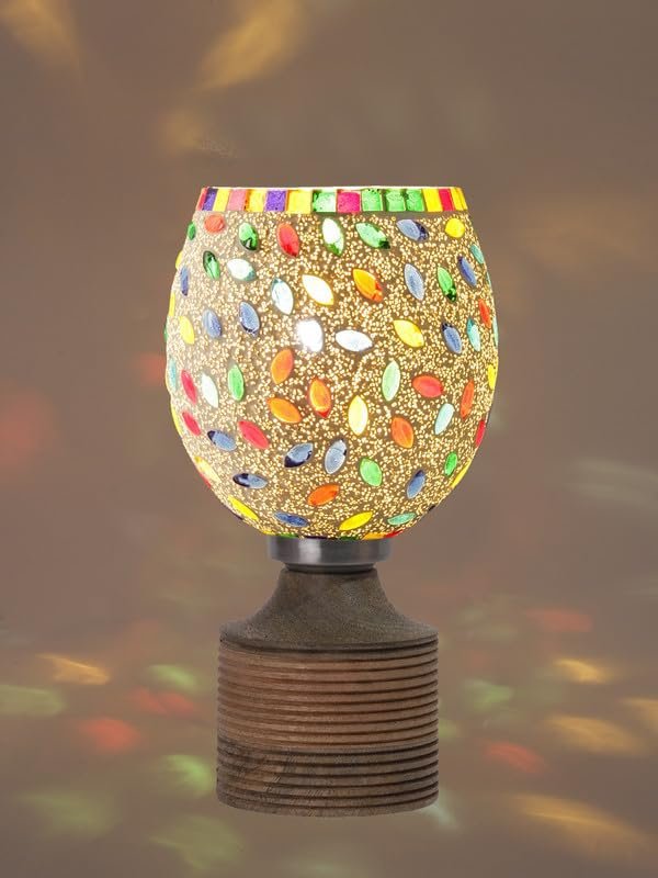 Multicolor Table Lamp | Artistic Mosaic Glass with Sturdy Wood Base | Decorative Ambient Light for Home D�cor | Perfect Blend of Modern & Traditional Style - Model DJE06