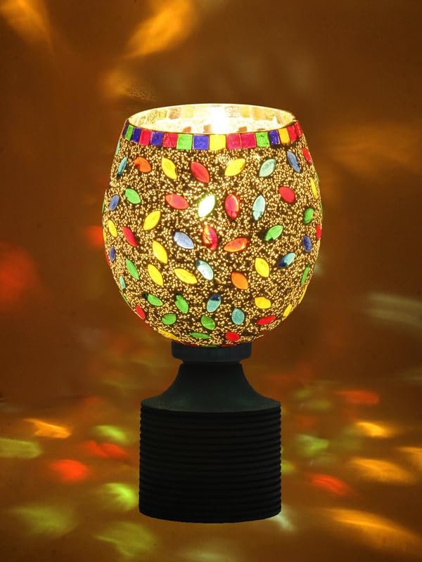 Multicolor Table Lamp | Artistic Mosaic Glass with Sturdy Wood Base | Decorative Ambient Light for Home D�cor | Perfect Blend of Modern & Traditional Style - Model DJE06