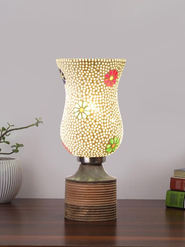 Multicolor Table Lamp | Artistic Mosaic Glass with Sturdy Wood Base | Decorative Ambient Light for Home D�cor | Perfect Blend of Modern & Traditional Style - Model DJE07