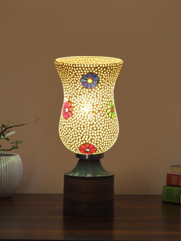 Multicolor Table Lamp | Artistic Mosaic Glass with Sturdy Wood Base | Decorative Ambient Light for Home D�cor | Perfect Blend of Modern & Traditional Style - Model DJE07