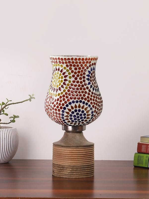 Multicolor Table Lamp | Artistic Mosaic Glass with Sturdy Wood Base | Decorative Ambient Light for Home D�cor | Perfect Blend of Modern & Traditional Style - Model DJE08