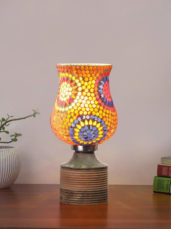 Multicolor Table Lamp | Artistic Mosaic Glass with Sturdy Wood Base | Decorative Ambient Light for Home D�cor | Perfect Blend of Modern & Traditional Style - Model DJE08