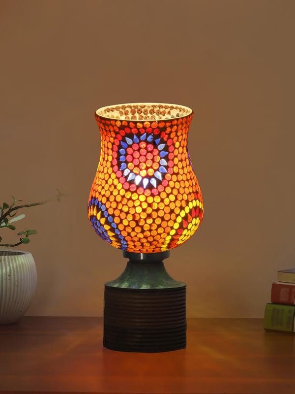 Multicolor Table Lamp | Artistic Mosaic Glass with Sturdy Wood Base | Decorative Ambient Light for Home D�cor | Perfect Blend of Modern & Traditional Style - Model DJE08