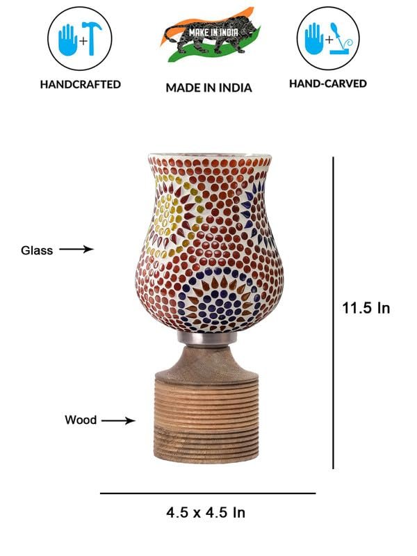 Multicolor Table Lamp | Artistic Mosaic Glass with Sturdy Wood Base | Decorative Ambient Light for Home D�cor | Perfect Blend of Modern & Traditional Style - Model DJE08