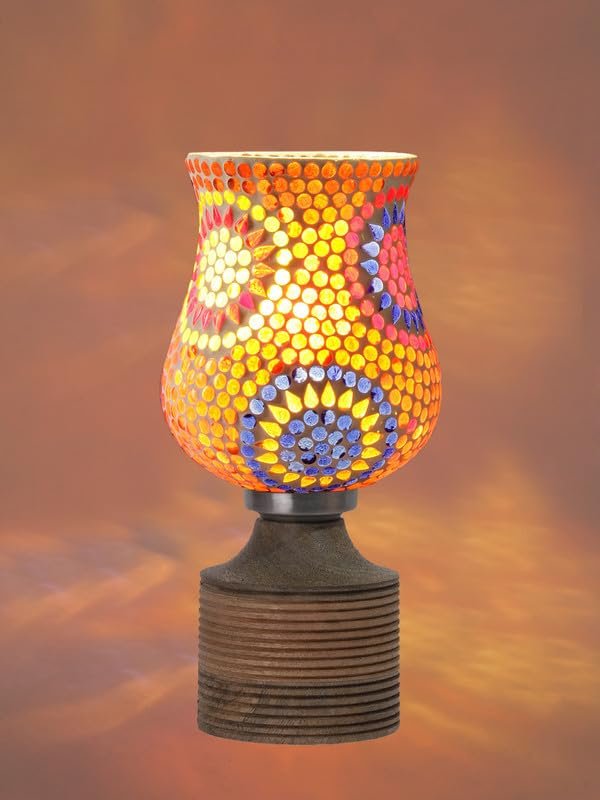 Multicolor Table Lamp | Artistic Mosaic Glass with Sturdy Wood Base | Decorative Ambient Light for Home D�cor | Perfect Blend of Modern & Traditional Style - Model DJE08