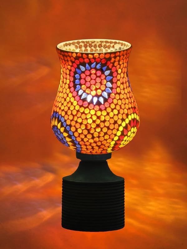 Multicolor Table Lamp | Artistic Mosaic Glass with Sturdy Wood Base | Decorative Ambient Light for Home D�cor | Perfect Blend of Modern & Traditional Style - Model DJE08