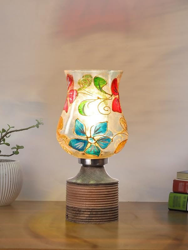 Multicolor Table Lamp | Artistic Mosaic Glass with Sturdy Wood Base | Decorative Ambient Light for Home D�cor | Perfect Blend of Modern & Traditional Style - Model DJE09