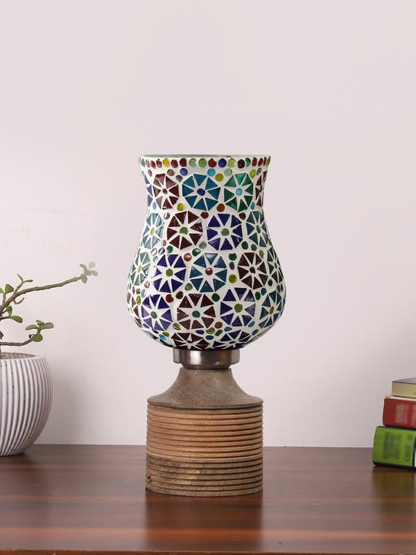 Multicolor Table Lamp | Artistic Mosaic Glass with Sturdy Wood Base | Decorative Ambient Light for Home D�cor | Perfect Blend of Modern & Traditional Style - Model DJE11