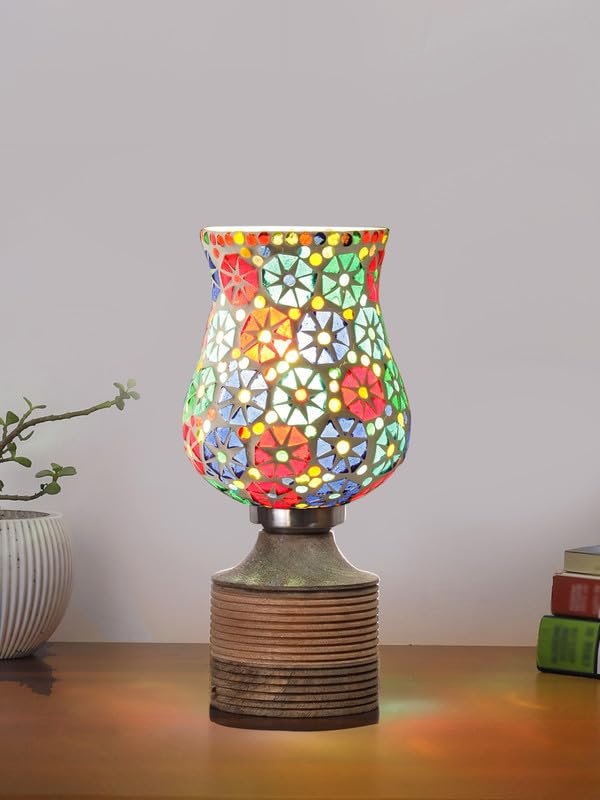 Multicolor Table Lamp | Artistic Mosaic Glass with Sturdy Wood Base | Decorative Ambient Light for Home D�cor | Perfect Blend of Modern & Traditional Style - Model DJE11