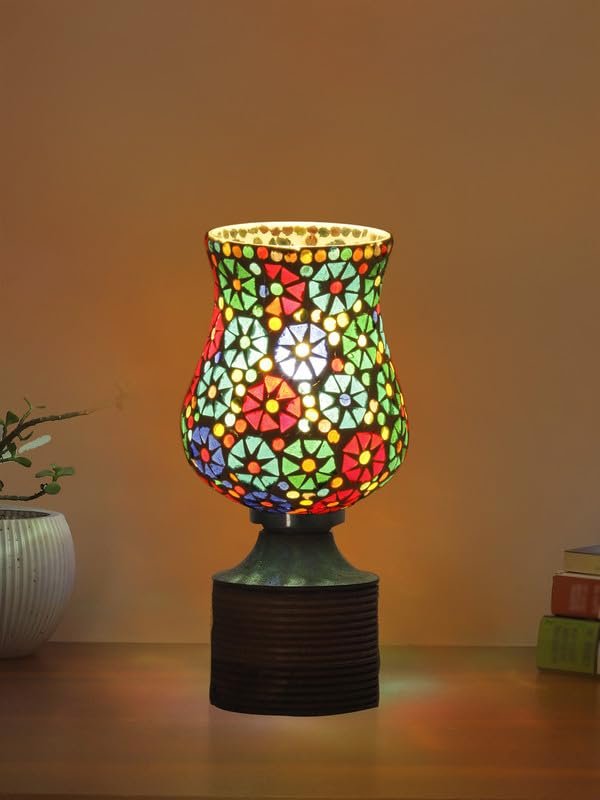 Multicolor Table Lamp | Artistic Mosaic Glass with Sturdy Wood Base | Decorative Ambient Light for Home D�cor | Perfect Blend of Modern & Traditional Style - Model DJE11