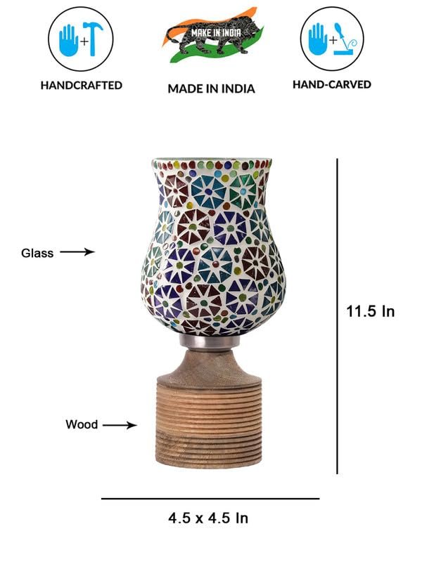 Multicolor Table Lamp | Artistic Mosaic Glass with Sturdy Wood Base | Decorative Ambient Light for Home D�cor | Perfect Blend of Modern & Traditional Style - Model DJE11