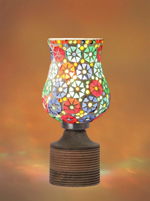 Multicolor Table Lamp | Artistic Mosaic Glass with Sturdy Wood Base | Decorative Ambient Light for Home D�cor | Perfect Blend of Modern & Traditional Style - Model DJE11