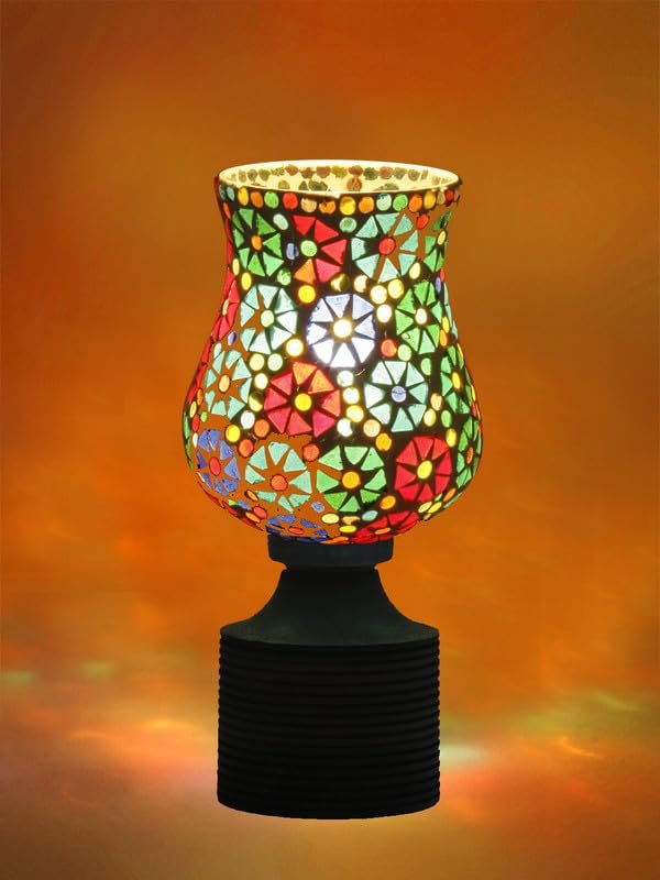 Multicolor Table Lamp | Artistic Mosaic Glass with Sturdy Wood Base | Decorative Ambient Light for Home D�cor | Perfect Blend of Modern & Traditional Style - Model DJE11