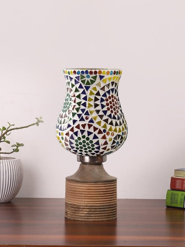 Multicolor Table Lamp | Artistic Mosaic Glass with Sturdy Wood Base | Decorative Ambient Light for Home D�cor | Perfect Blend of Modern & Traditional Style - Model DJE12