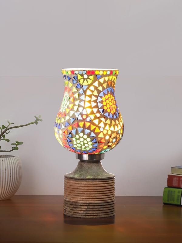 Multicolor Table Lamp | Artistic Mosaic Glass with Sturdy Wood Base | Decorative Ambient Light for Home D�cor | Perfect Blend of Modern & Traditional Style - Model DJE12