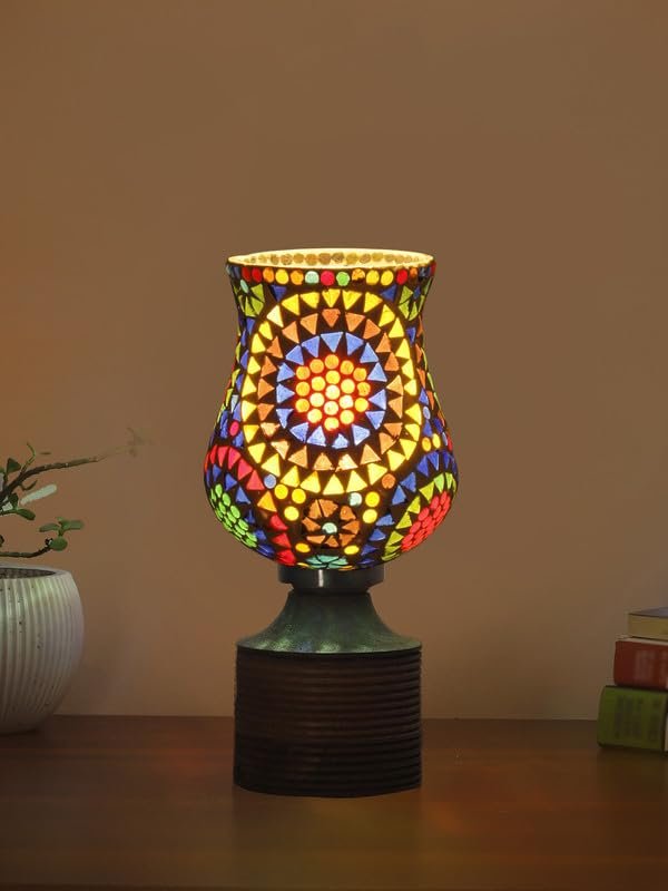 Multicolor Table Lamp | Artistic Mosaic Glass with Sturdy Wood Base | Decorative Ambient Light for Home D�cor | Perfect Blend of Modern & Traditional Style - Model DJE12