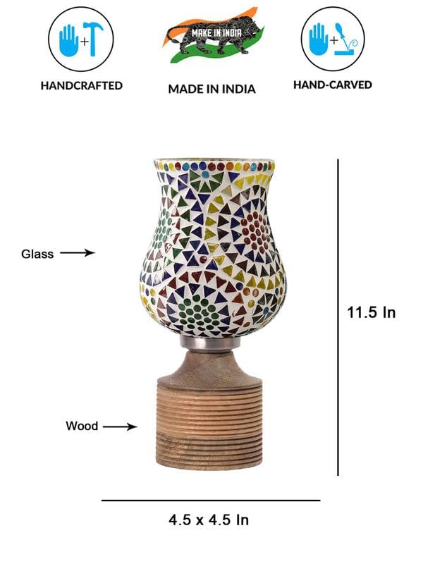 Multicolor Table Lamp | Artistic Mosaic Glass with Sturdy Wood Base | Decorative Ambient Light for Home D�cor | Perfect Blend of Modern & Traditional Style - Model DJE12