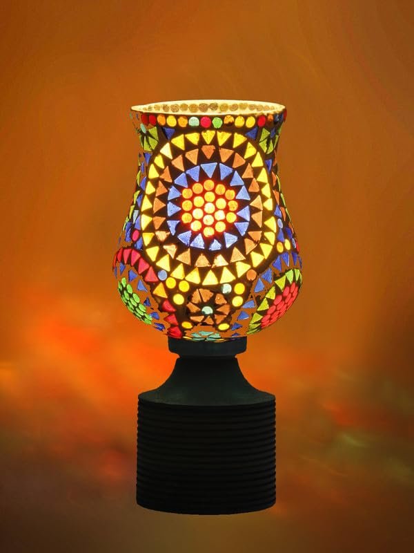 Multicolor Table Lamp | Artistic Mosaic Glass with Sturdy Wood Base | Decorative Ambient Light for Home D�cor | Perfect Blend of Modern & Traditional Style - Model DJE12