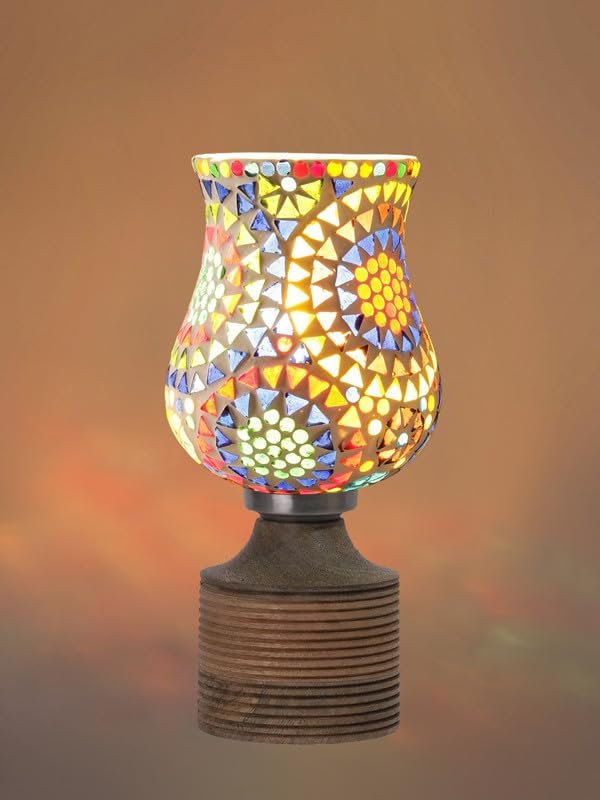Multicolor Table Lamp | Artistic Mosaic Glass with Sturdy Wood Base | Decorative Ambient Light for Home D�cor | Perfect Blend of Modern & Traditional Style - Model DJE12