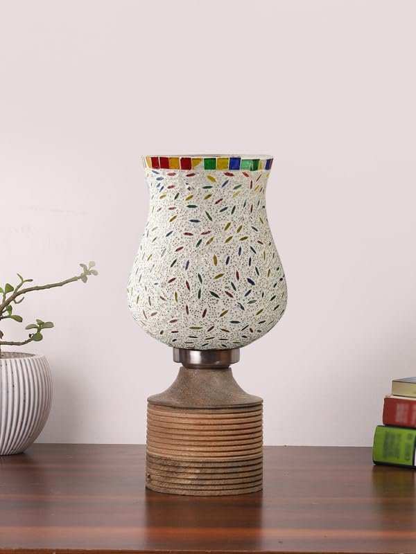 Multicolor Table Lamp | Artistic Mosaic Glass with Sturdy Wood Base | Decorative Ambient Light for Home D�cor | Perfect Blend of Modern & Traditional Style - Model DJE13