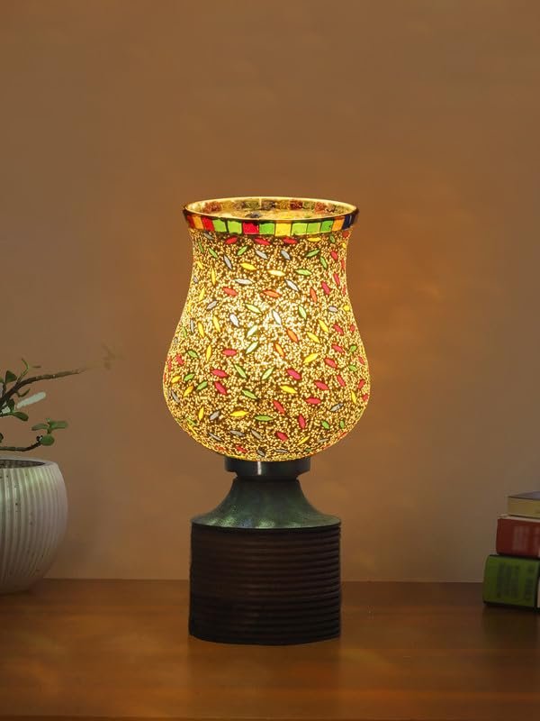 Multicolor Table Lamp | Artistic Mosaic Glass with Sturdy Wood Base | Decorative Ambient Light for Home D�cor | Perfect Blend of Modern & Traditional Style - Model DJE13