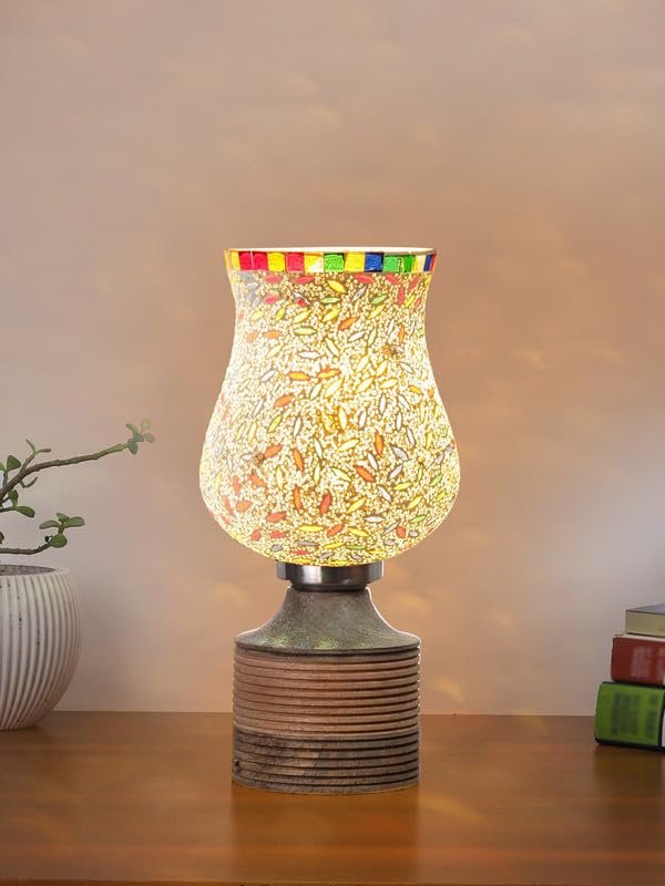 Multicolor Table Lamp | Artistic Mosaic Glass with Sturdy Wood Base | Decorative Ambient Light for Home D�cor | Perfect Blend of Modern & Traditional Style - Model DJE13