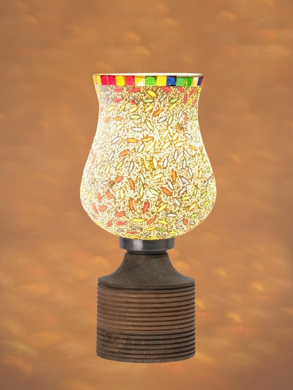 Multicolor Table Lamp | Artistic Mosaic Glass with Sturdy Wood Base | Decorative Ambient Light for Home D�cor | Perfect Blend of Modern & Traditional Style - Model DJE13