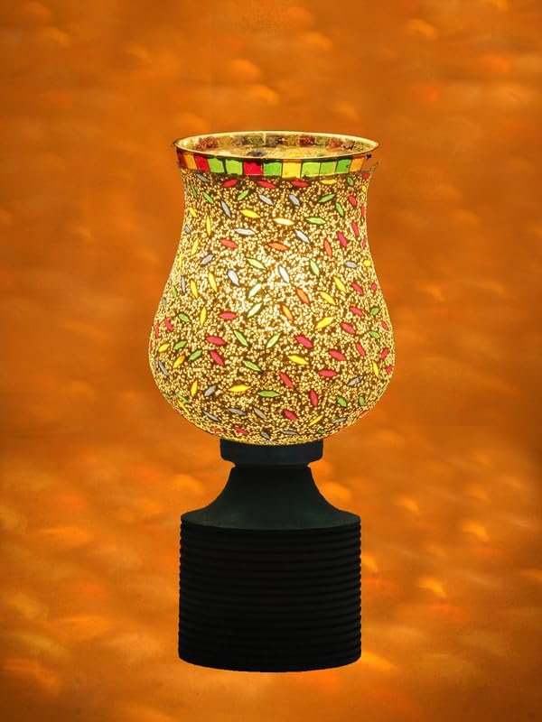 Multicolor Table Lamp | Artistic Mosaic Glass with Sturdy Wood Base | Decorative Ambient Light for Home D�cor | Perfect Blend of Modern & Traditional Style - Model DJE13