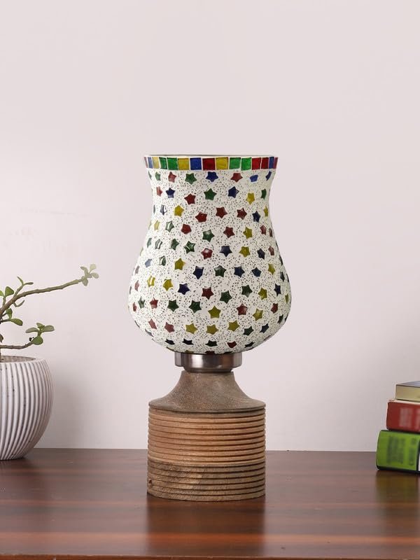 Multicolor Table Lamp | Artistic Mosaic Glass with Sturdy Wood Base | Decorative Ambient Light for Home D�cor | Perfect Blend of Modern & Traditional Style - Model DJE14