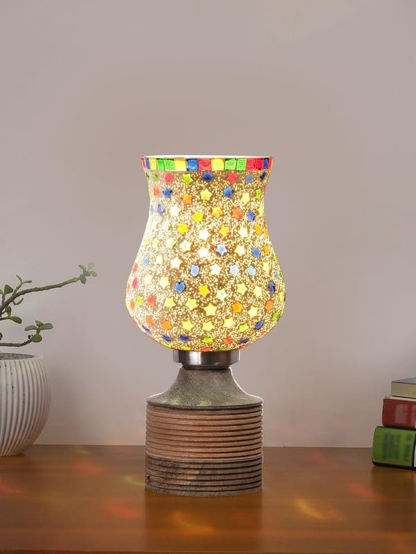 Multicolor Table Lamp | Artistic Mosaic Glass with Sturdy Wood Base | Decorative Ambient Light for Home D�cor | Perfect Blend of Modern & Traditional Style - Model DJE14