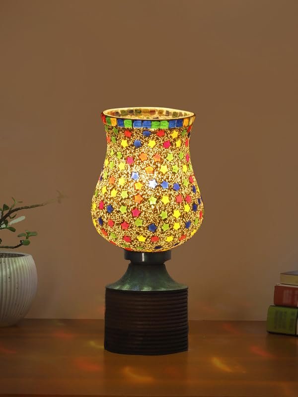 Multicolor Table Lamp | Artistic Mosaic Glass with Sturdy Wood Base | Decorative Ambient Light for Home D�cor | Perfect Blend of Modern & Traditional Style - Model DJE14