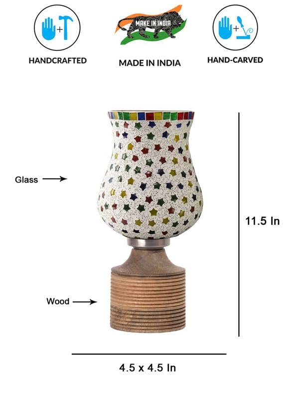 Multicolor Table Lamp | Artistic Mosaic Glass with Sturdy Wood Base | Decorative Ambient Light for Home D�cor | Perfect Blend of Modern & Traditional Style - Model DJE14
