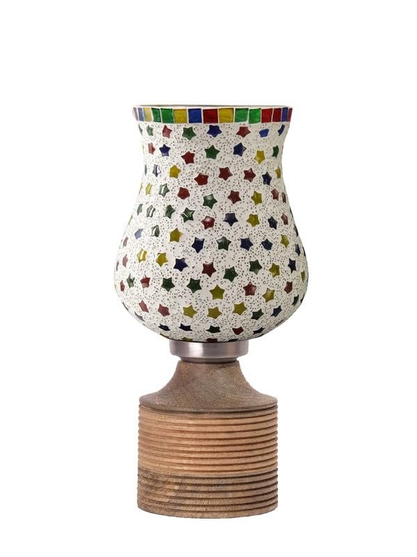 Multicolor Table Lamp | Artistic Mosaic Glass with Sturdy Wood Base | Decorative Ambient Light for Home D�cor | Perfect Blend of Modern & Traditional Style - Model DJE14