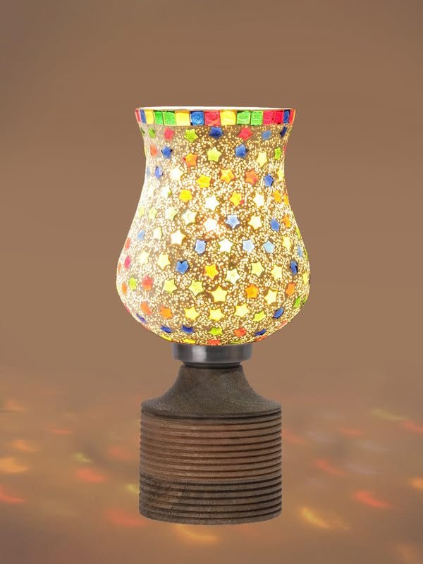 Multicolor Table Lamp | Artistic Mosaic Glass with Sturdy Wood Base | Decorative Ambient Light for Home D�cor | Perfect Blend of Modern & Traditional Style - Model DJE14