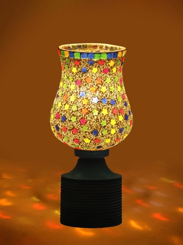 Multicolor Table Lamp | Artistic Mosaic Glass with Sturdy Wood Base | Decorative Ambient Light for Home D�cor | Perfect Blend of Modern & Traditional Style - Model DJE14
