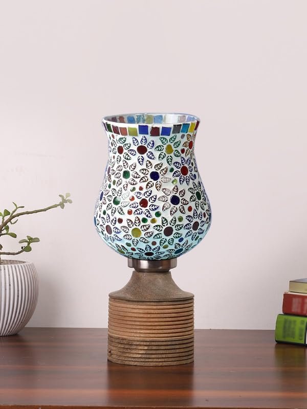 Multicolor Table Lamp | Artistic Mosaic Glass with Sturdy Wood Base | Decorative Ambient Light for Home D�cor | Perfect Blend of Modern & Traditional Style - Model DJE15