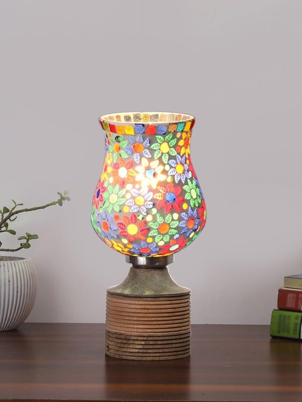 Multicolor Table Lamp | Artistic Mosaic Glass with Sturdy Wood Base | Decorative Ambient Light for Home D�cor | Perfect Blend of Modern & Traditional Style - Model DJE15