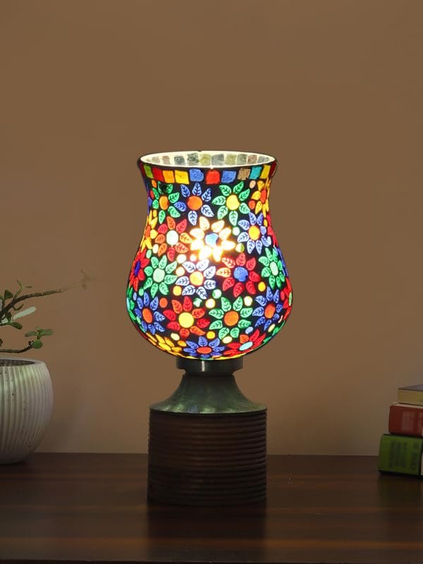 Multicolor Table Lamp | Artistic Mosaic Glass with Sturdy Wood Base | Decorative Ambient Light for Home D�cor | Perfect Blend of Modern & Traditional Style - Model DJE15