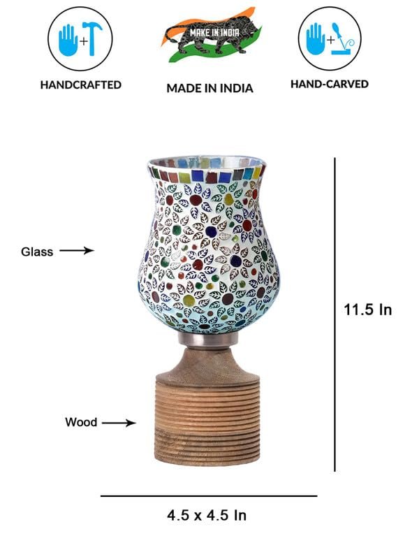 Multicolor Table Lamp | Artistic Mosaic Glass with Sturdy Wood Base | Decorative Ambient Light for Home D�cor | Perfect Blend of Modern & Traditional Style - Model DJE15