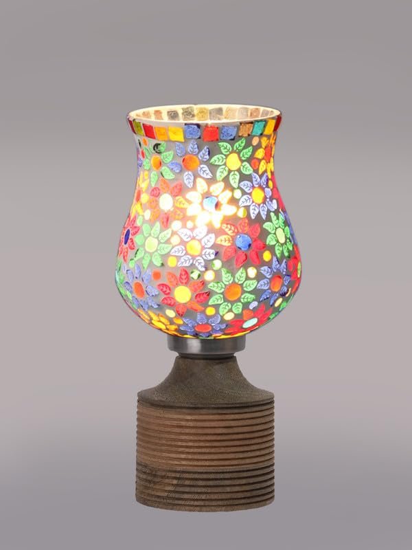 Multicolor Table Lamp | Artistic Mosaic Glass with Sturdy Wood Base | Decorative Ambient Light for Home D�cor | Perfect Blend of Modern & Traditional Style - Model DJE15