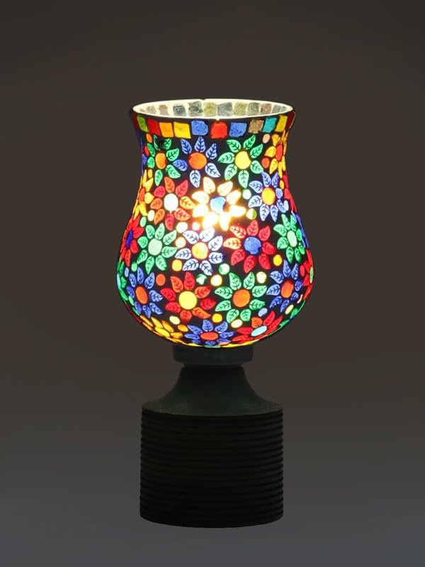 Multicolor Table Lamp | Artistic Mosaic Glass with Sturdy Wood Base | Decorative Ambient Light for Home D�cor | Perfect Blend of Modern & Traditional Style - Model DJE15